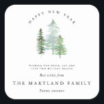 WATERCOLOR FOREST-HAPPY NEW YEAR. SQUARE STICKER<br><div class="desc">A ELEGANT,  NATURE THEMED HOLIDAY DESIGN. PART OF A COLLECTION. WITH ELEGANT TEXT AND BEAUTIFUL WATERCOLOR FOREST DESIGN.</div>