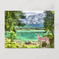 Watercolor Forest Lake Deer Landscape