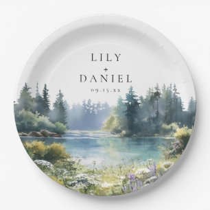 Watercolor Forest Lakeside Wildflower Wedding Paper Plate
