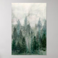Watercolor Forest landscape foggy pine mountain 