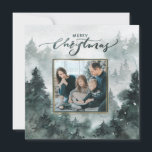 Watercolor Forest | Merry Christmas Photo Card<br><div class="desc">Your family photo is front and centre in a forest green frame with a faux gold overlay. The background on this Christmas card features a majestic watercolor forest of evergreen trees. The top of the card has a watercolor greeting that says "Merry Christmas." You can personalize with your name. The...</div>