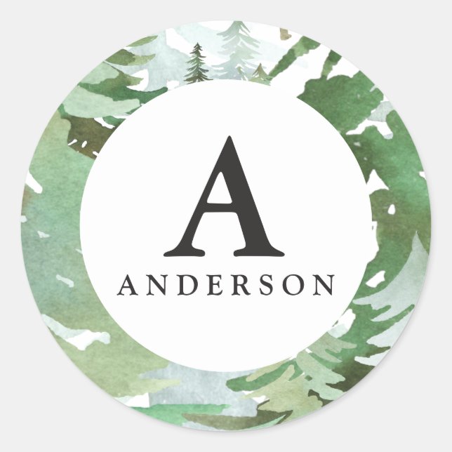 Watercolor forest monogram initial sticker (Front)