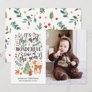 Watercolor Forest Most Wonderful Time White Photo Holiday Card