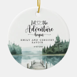 Watercolor Forest Mountain Lake Wedding Keepsake Ceramic Ornament