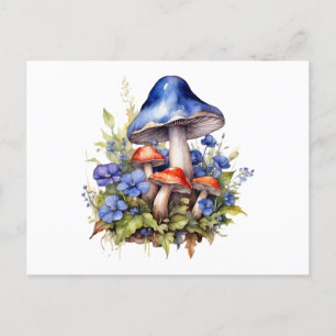 Watercolor Forest Mushrooms and Blue Flowers  Postcard