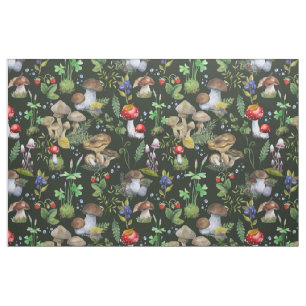 Watercolor Forest Mushrooms Greenery Berry Pattern Fabric