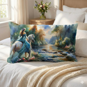 Watercolor Forest River Horsewoman Dreamscape Lumbar Pillow