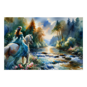 Watercolor Forest River Horsewoman Dreamscape Poster