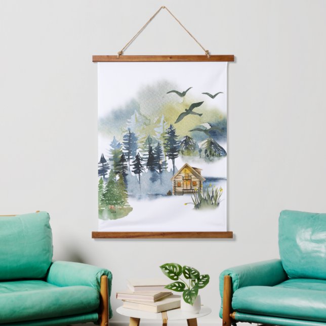 Watercolor forest scene  hanging tapestry (Living Room)