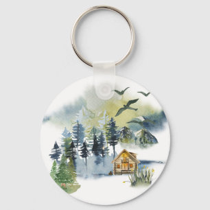Watercolor forest scene keychain