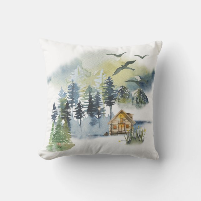 Watercolor forest scene  outdoor pillow (Front)