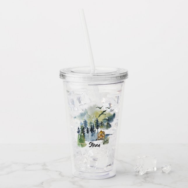 Watercolor forest scene personalized acrylic tumbler (Front Ice)