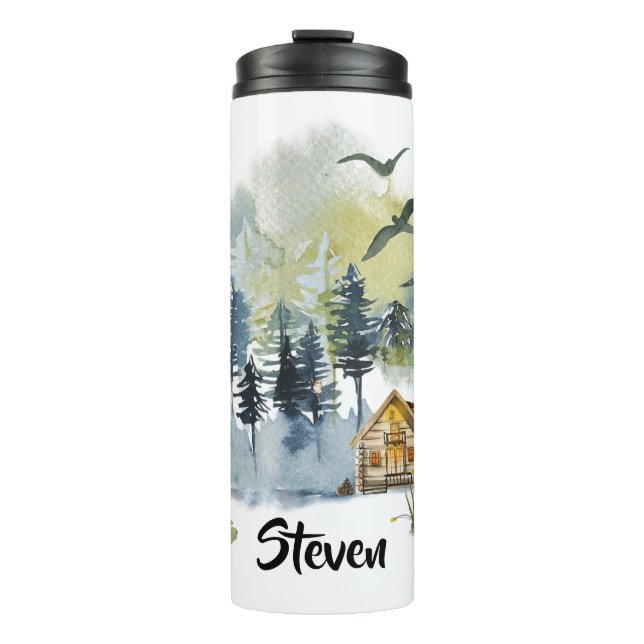 Watercolor forest scene personalized thermal tumbler (Front)