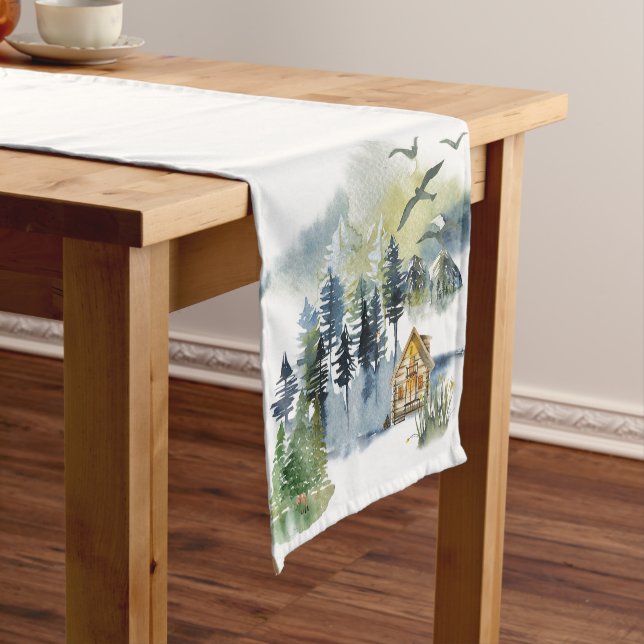 Watercolor forest scene  short table runner (In Situ)