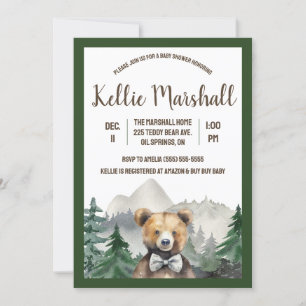 Watercolor Forest, Teddy Bear, Baby Shower Invitation