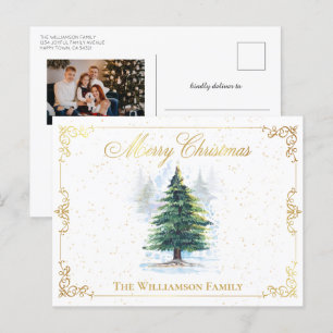 Watercolor Forest Trees Gold Elegant Frame Photo Holiday Postcard