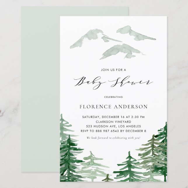 Watercolor Forest Woodland Baby Shower Invitation (Front/Back)