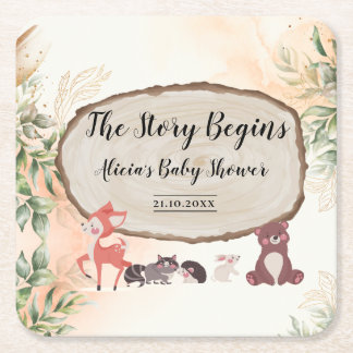 Watercolor Forest/Woodland Baby Shower Square Paper Coaster