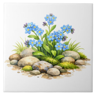Watercolor Forget Me Not Flowers by the Rocks Tile