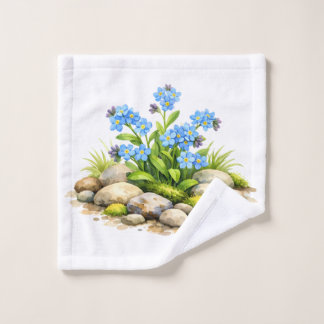Watercolor Forget Me Not Flowers by the Rocks Wash Cloth