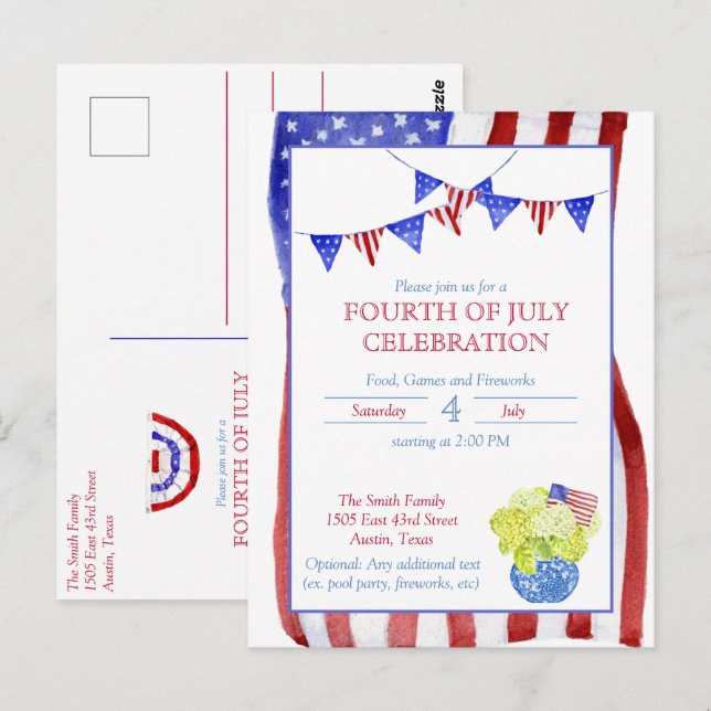 Watercolor Fourth of July Party Postcard (Front/Back)