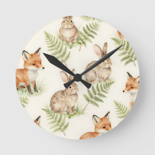 Watercolor Fox and Bunny Forest Pattern Round Clock