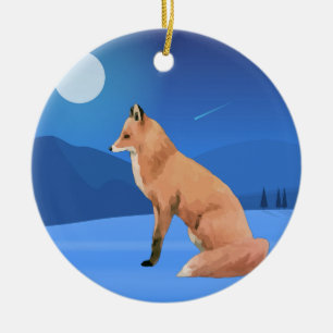 Watercolor Fox and Moon Blue Night Christmas Tree Ceramic Ornament