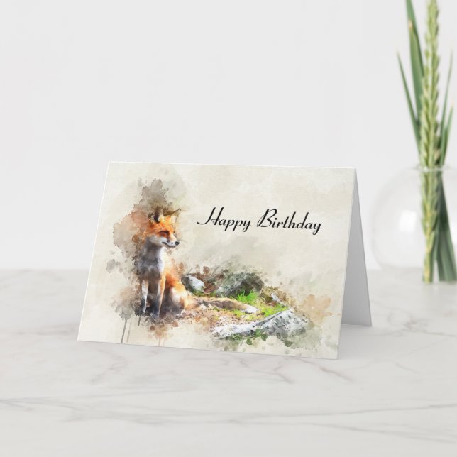 Watercolor Fox and Scenery Happy Birthday Card (Front)