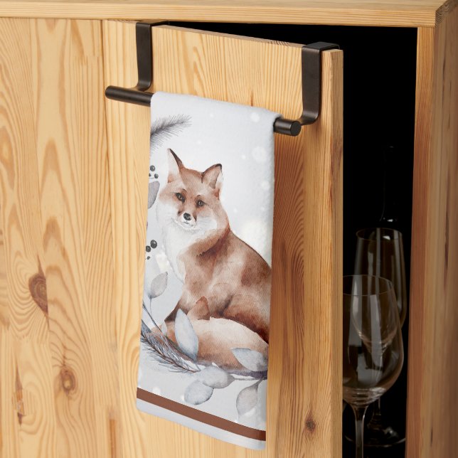 Watercolor fox and snow  holiday   kitchen towel (Thirds Fold)