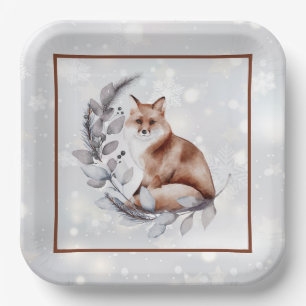 Watercolor fox and snow  holiday   paper plate