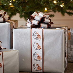 Watercolor fox and snow  holiday   satin ribbon