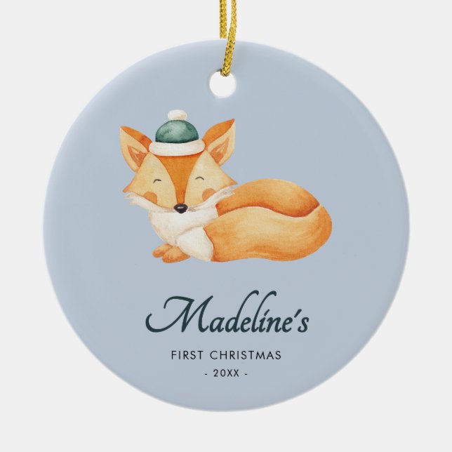 Watercolor Fox Blue Baby First Christmas Ceramic Ornament (Front)