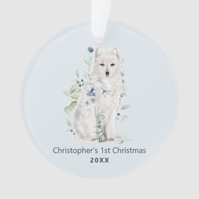 Watercolor Fox Blue Personalized Ornament (Front)