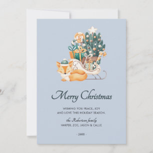 Watercolor Fox Christmas Sleighs Blue Non-Photo Holiday Card