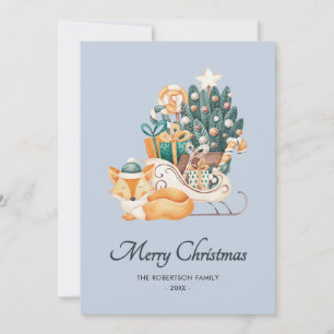 Watercolor Fox Christmas Sleighs Blue Non-Photo Holiday Card