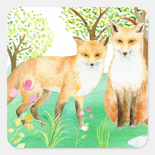 Watercolor fox couple art print square sticker (Front)