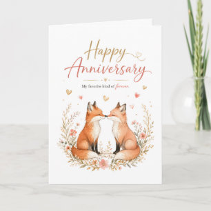 Watercolor Fox Couple Floral Wreath Anniversary Card
