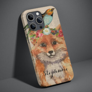 Watercolor Fox Floral Collage Personalized Name Case-Mate iPhone 14 Case