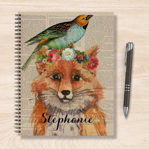 Watercolor Fox Floral Collage Personalized Name  Notebook