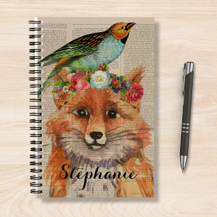 Watercolor Fox Floral Collage Personalized Name  Notebook
