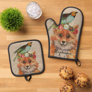 Watercolor Fox Floral Collage Personalized Name  Oven Mitt & Pot Holder Set