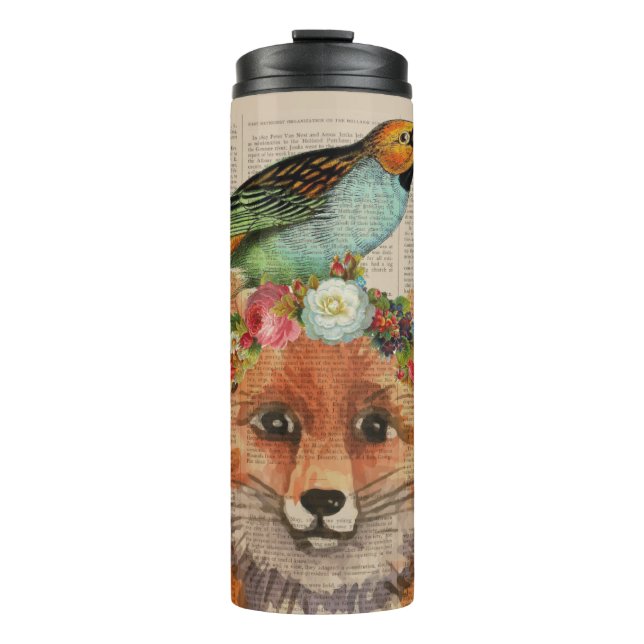 Watercolor Fox Floral Collage Personalized Name Thermal Tumbler (Front)