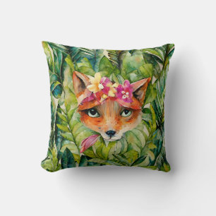 Watercolor Fox Flowers and Green Leaves Throw Pillow