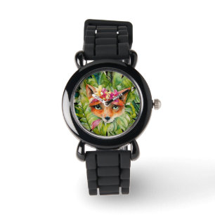 Watercolor Fox Flowers and Green Leaves Watch