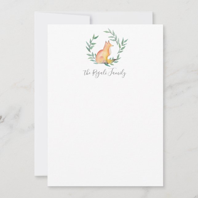 Watercolor Fox & Greenery Personalized Stationery Card (Front)