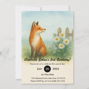 Watercolor Fox in Wildflower Meadow Birthday Invitation