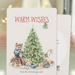 Watercolor Fox Knitting Storybook Warm Wishes Holiday Card