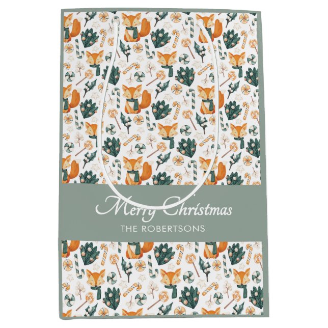 Watercolor Fox Pattern Merry Christmas Monogram Medium Gift Bag (Front)