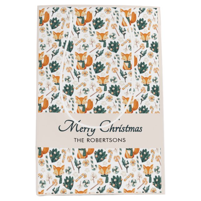 Watercolor Fox Pattern Merry Christmas Monogram Medium Gift Bag (Front)