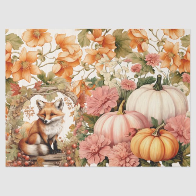 Watercolor Fox Pumpkins & Fall Foliage Decoupage Tissue Paper (Front)
